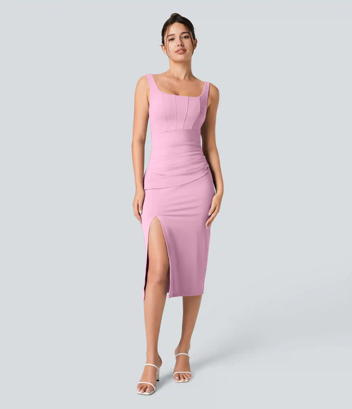 SoftlyZero™ Airy Square Neck Backless Corset Ruched Split Bodycon Midi InstantCool Bridesmaid and Wedding Guest Dress