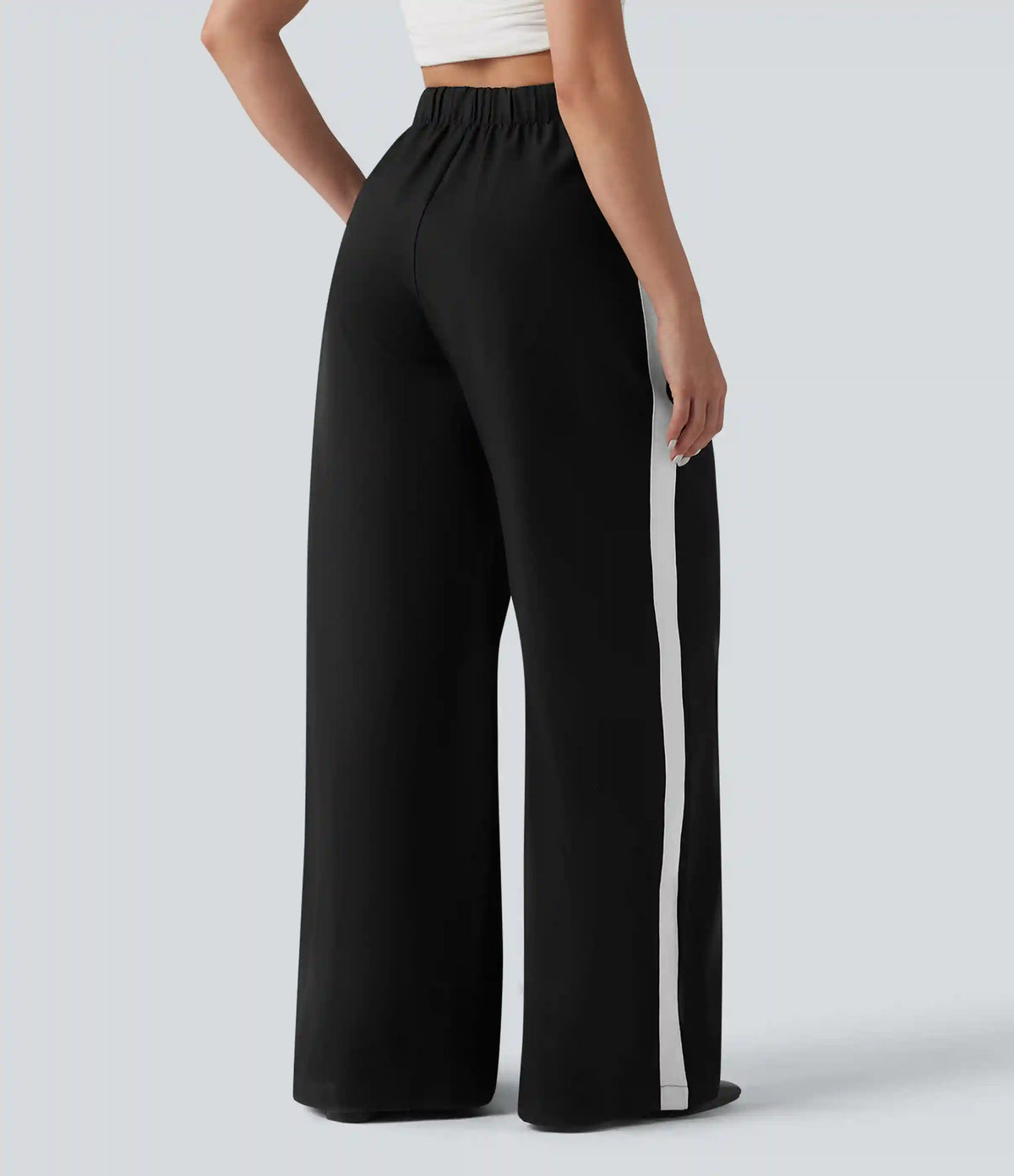 Wrinkle Recovery High Waisted Baggy Color Block Casual Linen-Feel Pants with Pockets