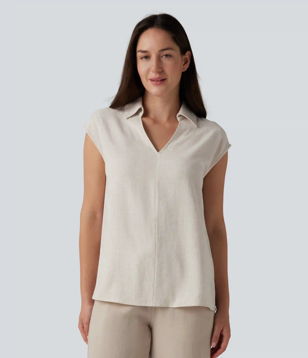 V-neck Sleeveless Split Hem Work Linen-Blend Blouse