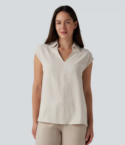 V-neck Sleeveless Split Hem Work Linen-Blend Blouse