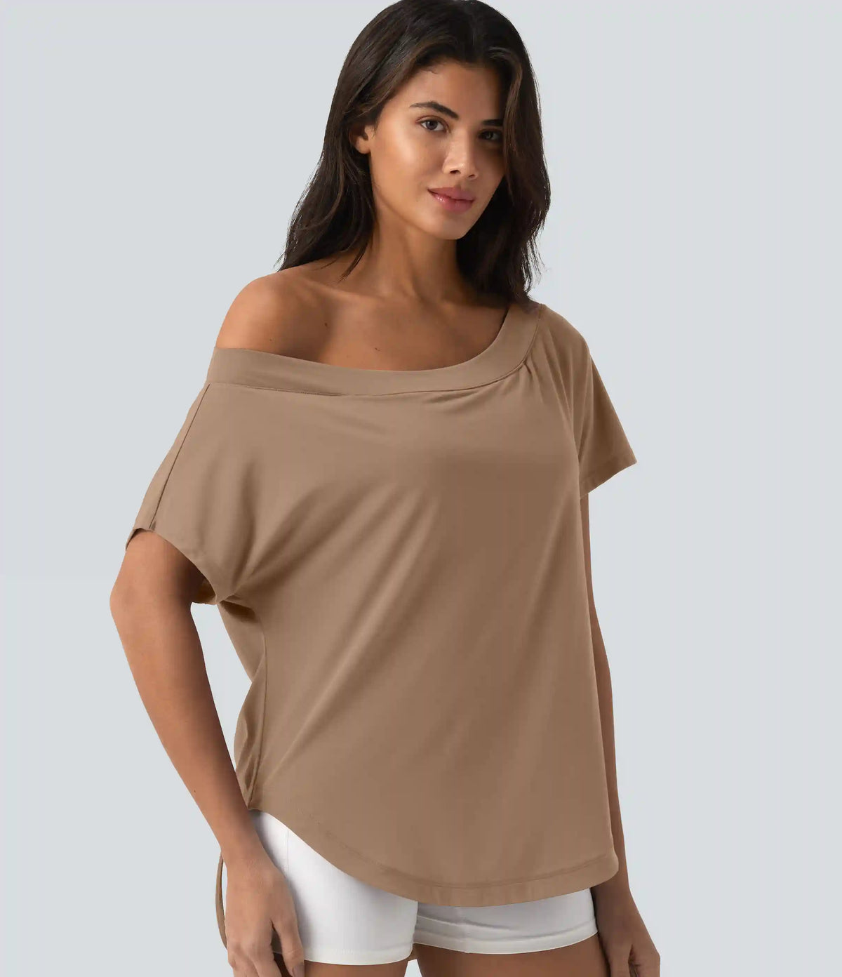 One Shoulder Short Sleeve Curved Hem High Low Quick Dry Yoga Sports Top-Built-in Bra