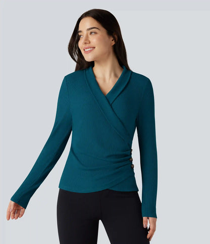 Ribbed Knit V-neck Crossover Long Sleeve Work Top