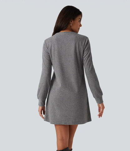 Round Neck Long Sleeve Mini Work Dress with Pockets