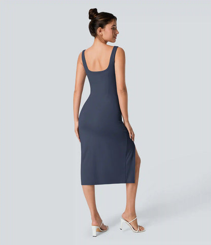SoftlyZero™ Airy Square Neck Backless Corset Ruched Split Bodycon Midi InstantCool Bridesmaid and Wedding Guest Dress