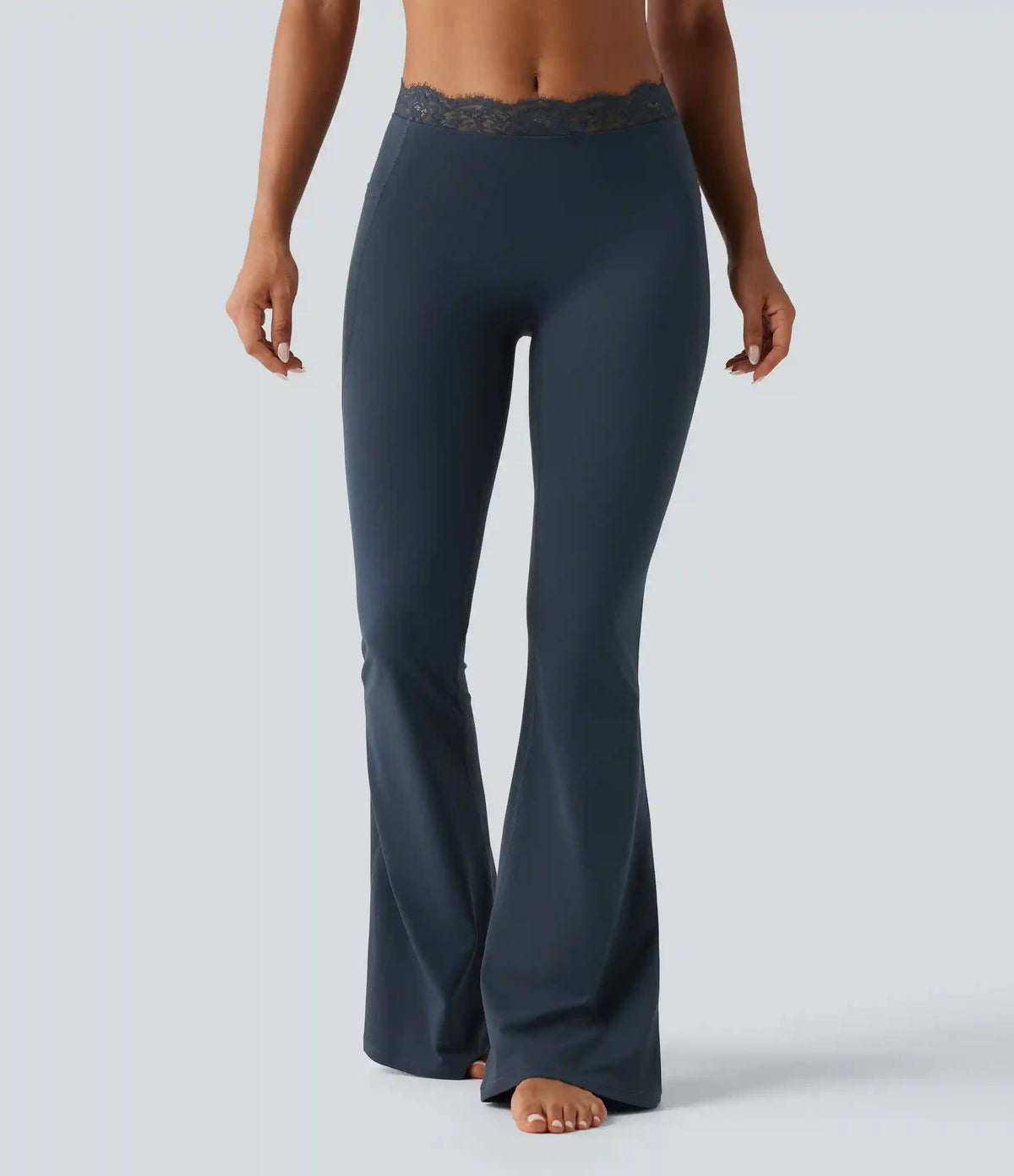 Halara UltraSculpt™ Mid Rise Contrast Lace Ruched Flare Yoga Leggings with Pockets