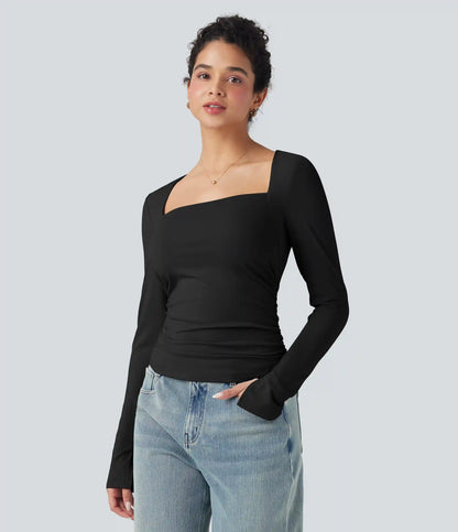 Square Neck Split Long Sleeve Ruched Slim Casual Top