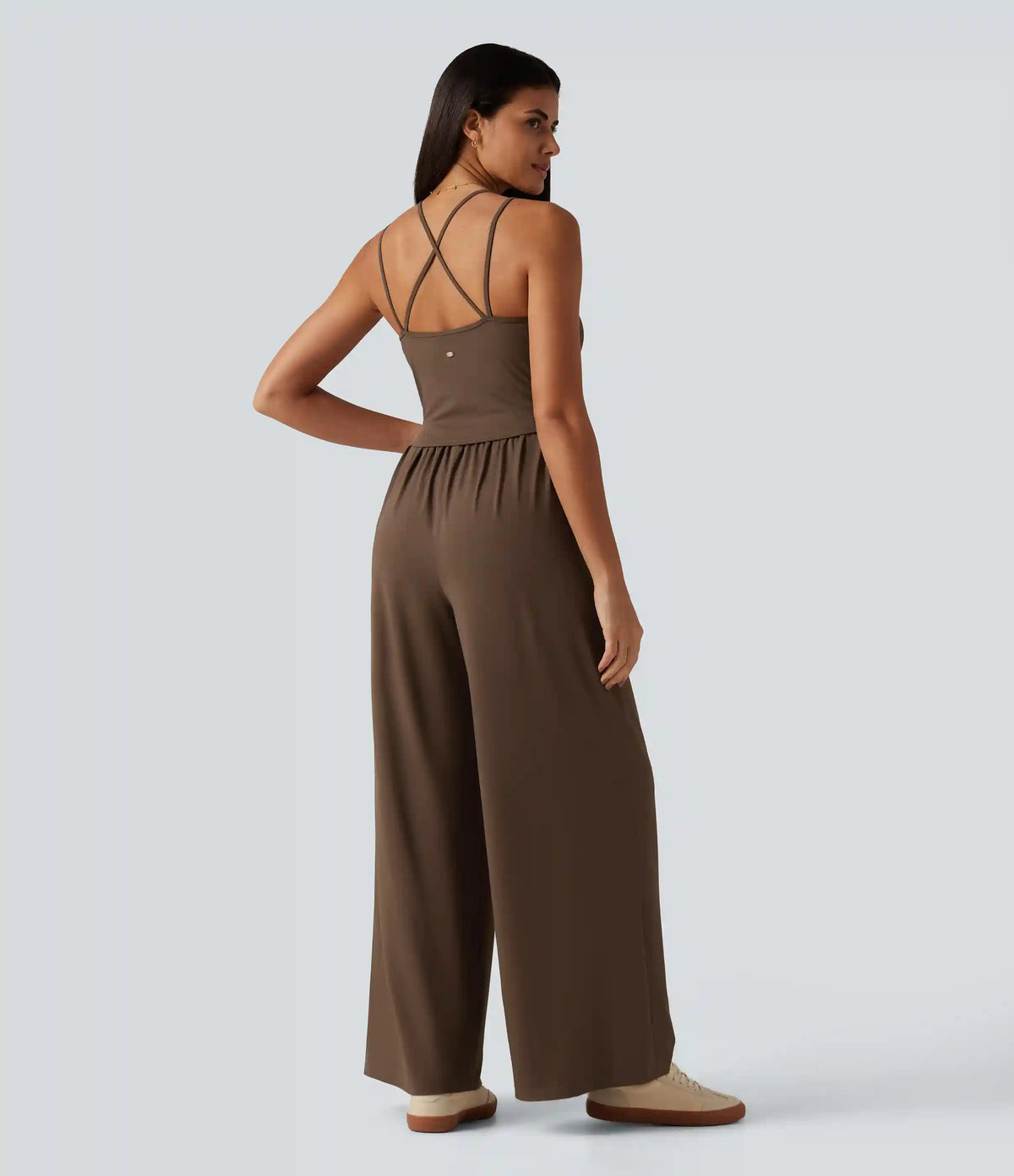 U Neck Sleeveless Crossover Built-in Bra Wide Leg Casual Jumpsuit with Pockets--Easy Peezy