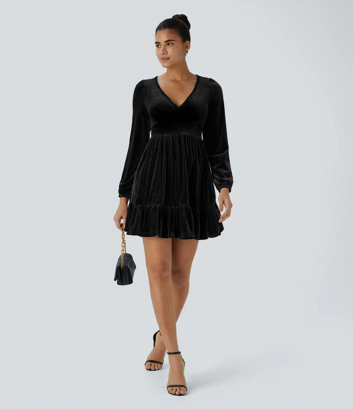 Everyday Deep V Neck Long Sleeve Ruffled Hem Velvet Mini Chill Dress