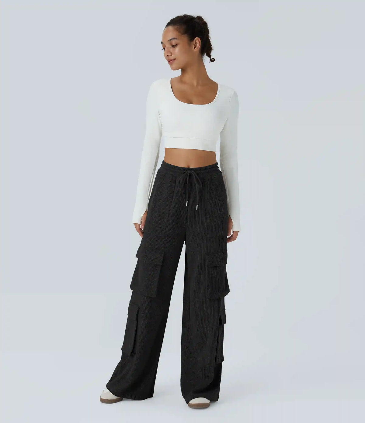Ribbed Mid Rise Drawstring Pockets Wide Leg Cargo Casual Pants