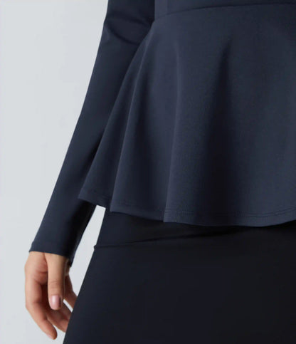 Square Neck Long Sleeve Ruffle Hem Work Top