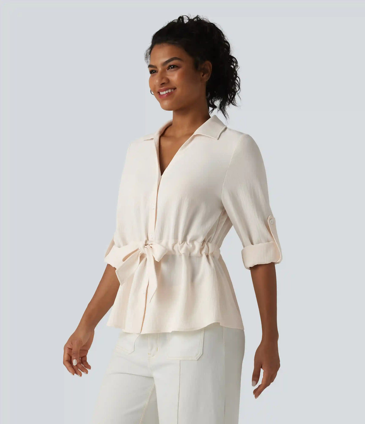 Lapel Roll Up Sleeve Tie Work Linen-Feel Shirt