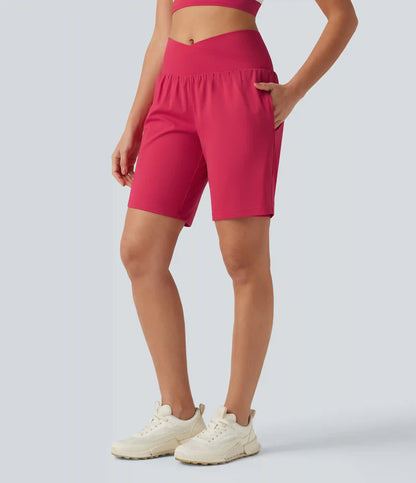 SoftlyZero™ Airy Crossover High Waisted 2-in-1 InstantCool Yoga Shorts 9'' with Pockets