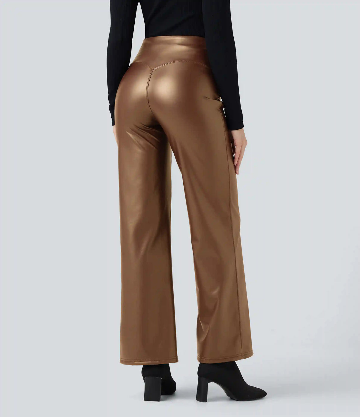 High Waisted Tummy Control Stretchy PU Fleece Casual Flare Pants with Pockets