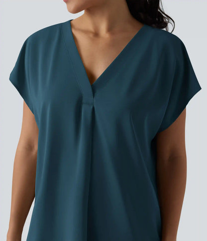 Wrinkle Recovery V-neck Short Sleeve Oversized Work Blouse