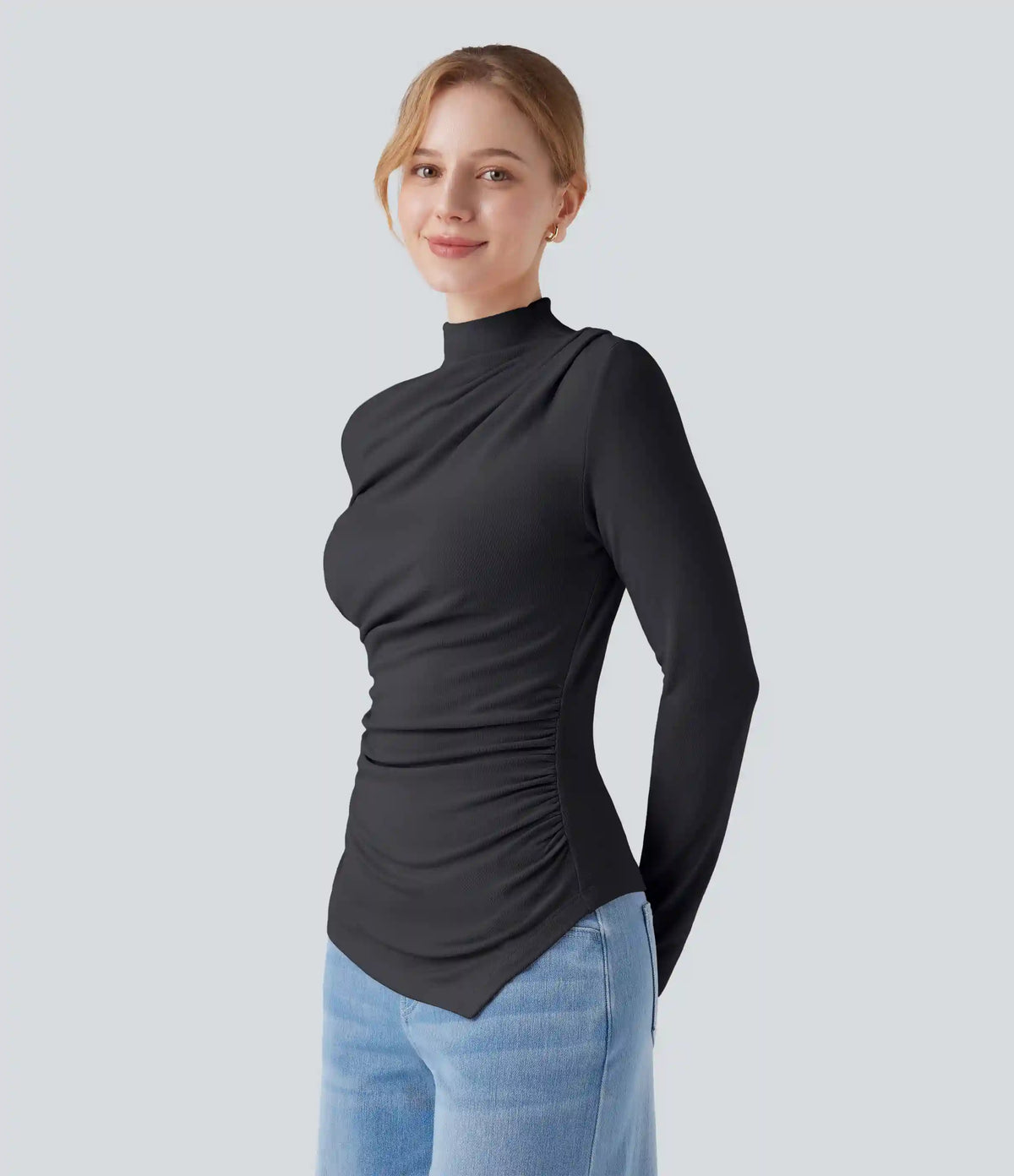 Mock-neck Long Sleeve Ruched Asymmetric Hem Thermal Casual Top