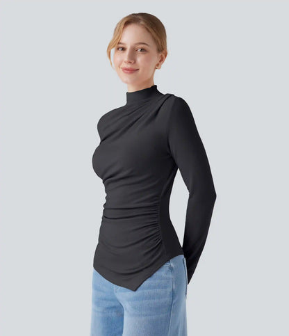 Mock-neck Long Sleeve Ruched Asymmetric Hem Thermal Casual Top