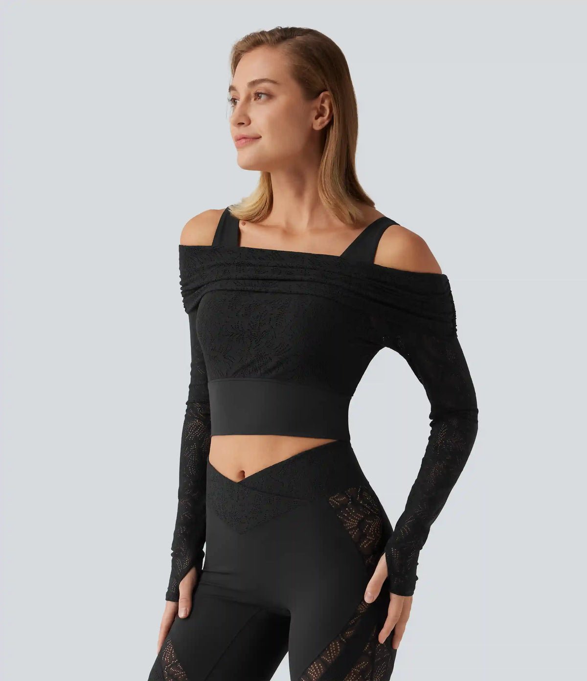 SoftlyZero™ Off Shoulder Long Sleeve Contrast Lace Yoga Sports Top with Built-in Bra