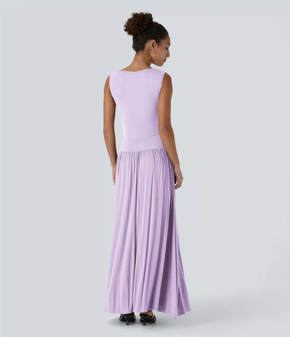 Ribbed Boat Neck Asymmetric Strap Ruched Pocket Flowy Maxi Casual Dress