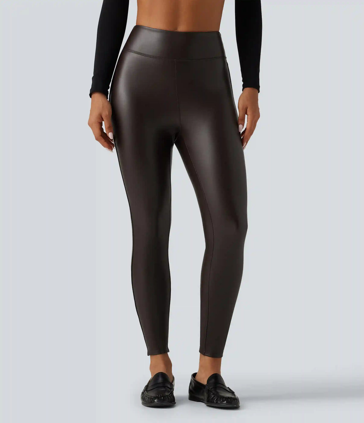 High Waisted Stretchy PU Fleece Skinny Casual Leggings with Pockets