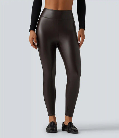 High Waisted Stretchy PU Fleece Skinny Casual Leggings with Pockets