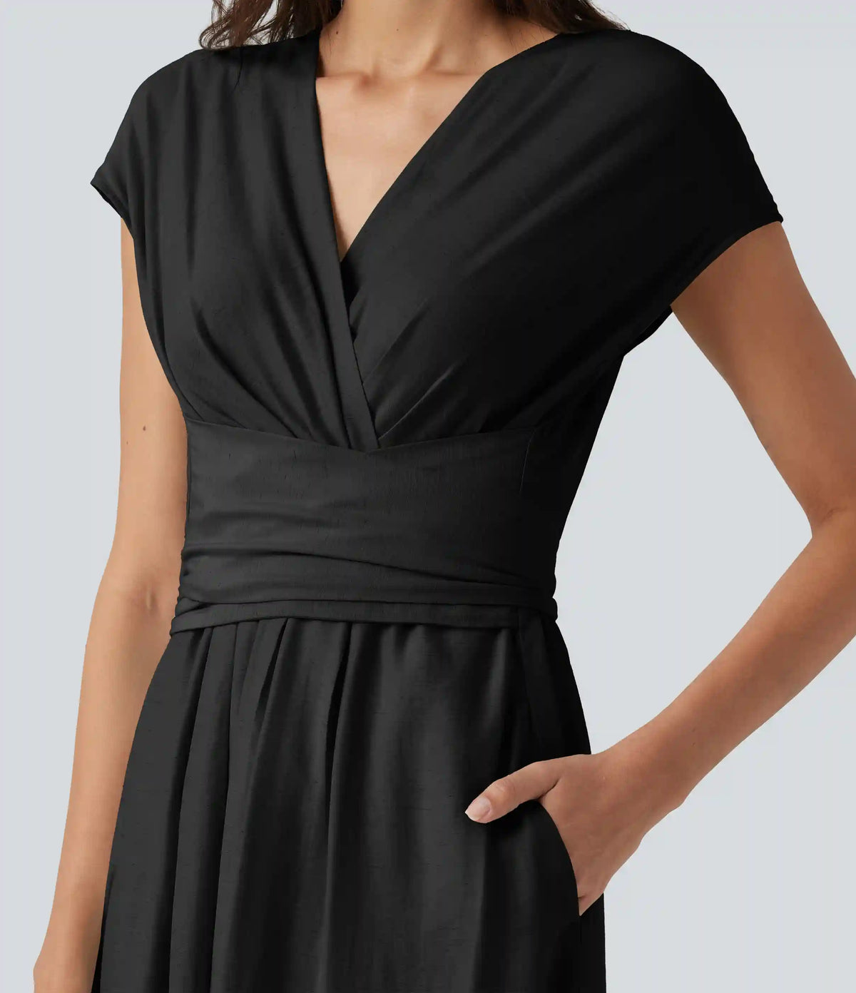 V Neck Short Sleeve Tie Back Midi Casual Linen-Blend Flowy Dress with Pockets