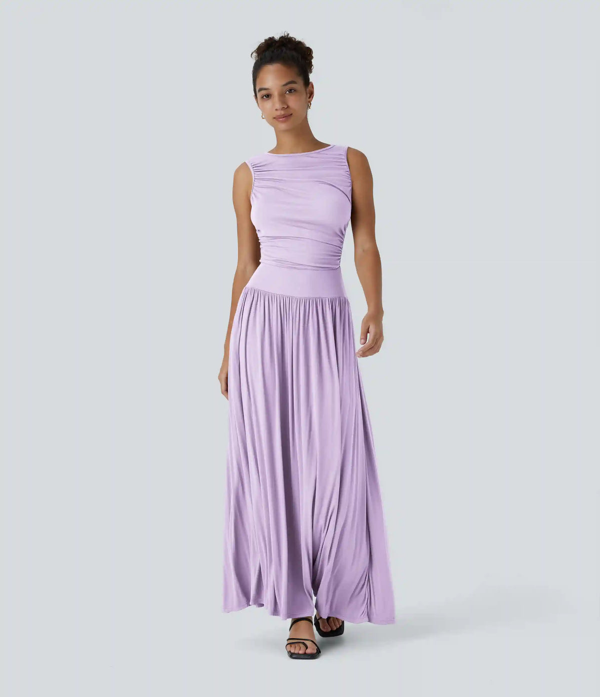 Ribbed Boat Neck Asymmetric Strap Ruched Pocket Flowy Maxi Casual Dress
