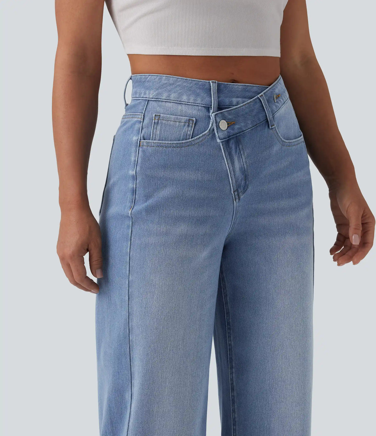 Halara Flex™ Asymmetric High Waisted Washed Casual Baggy Jeans with Pockets