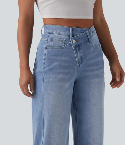 Halara Flex™ Asymmetric High Waisted Washed Casual Baggy Jeans with Pockets