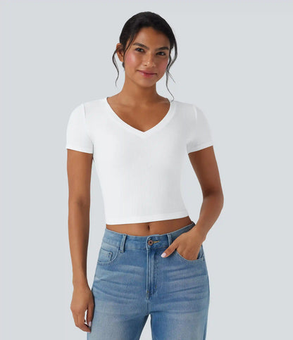 Ribbed Knit V Neck Short Sleeve Cropped Work T-Shirt