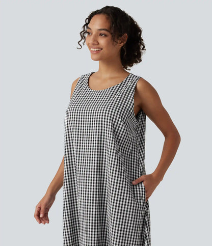 Round Neck Sleeveless Midi Crinkle Gingham Casual Tank Dress with Pockets DD-F Cups