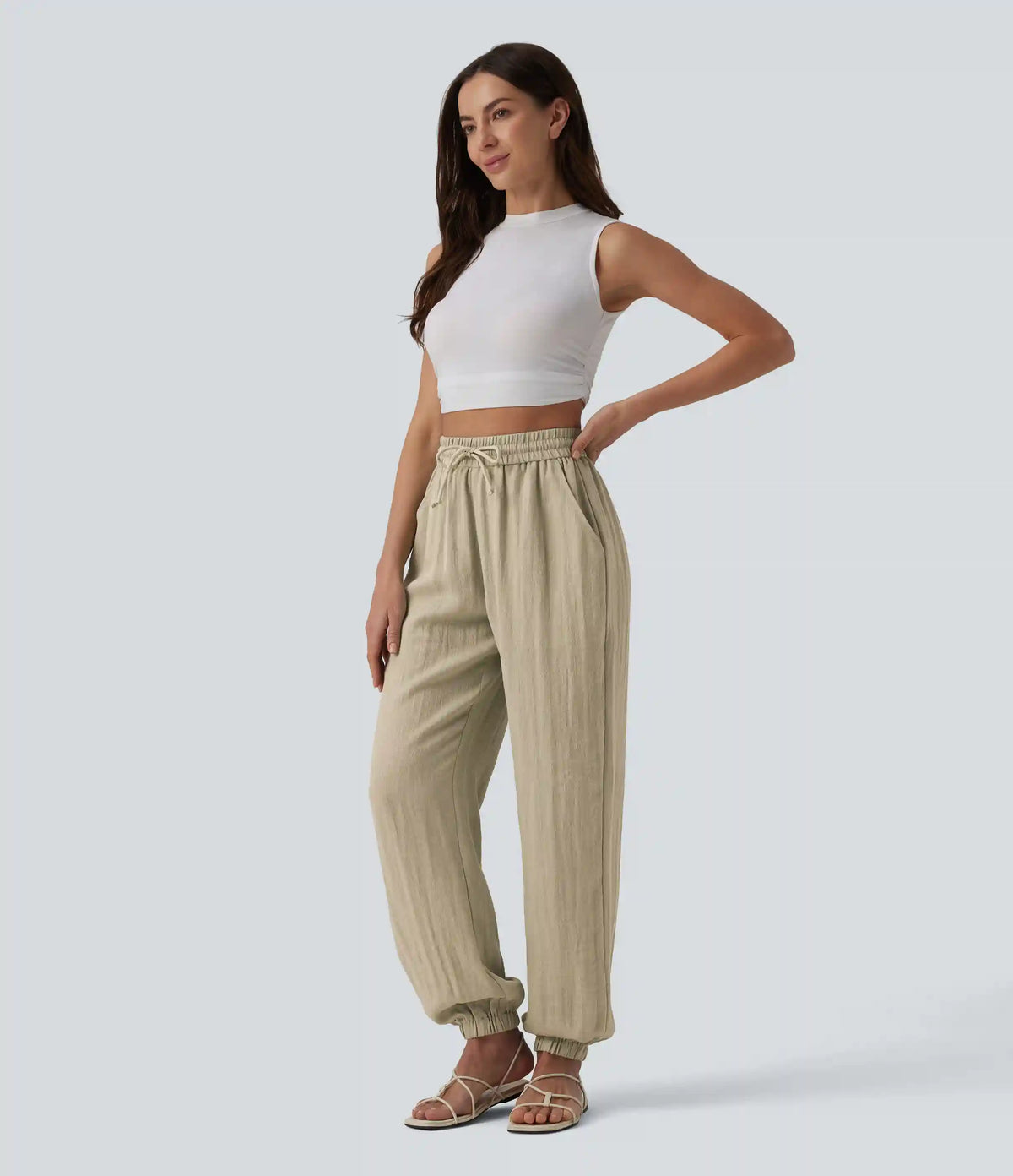 High Waisted Drawstring Wide Leg Casual Linen-Feel Joggers with Pockets