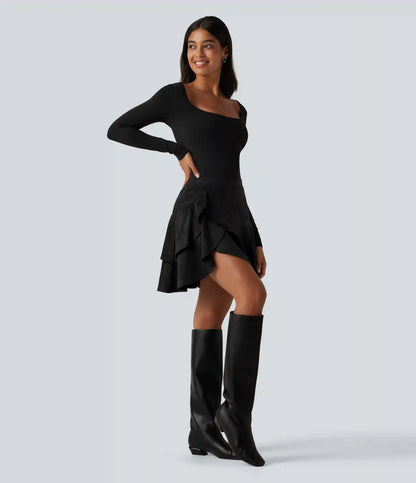 High Waisted Tiered Ruffle Hem 2-in-1 Longer Mini Suede Casual Skirt with Pocket