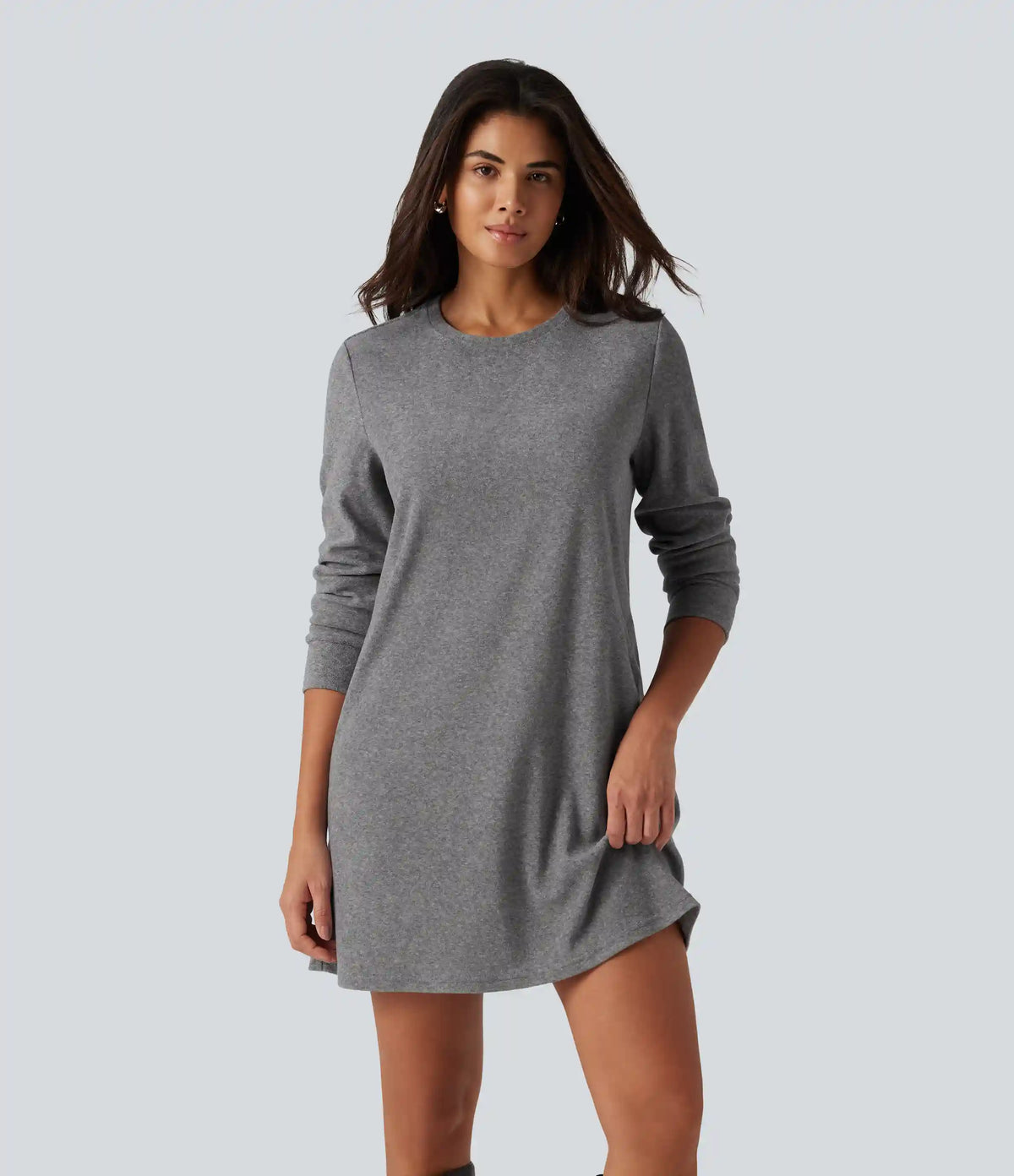 Round Neck Long Sleeve Mini Work Dress with Pockets