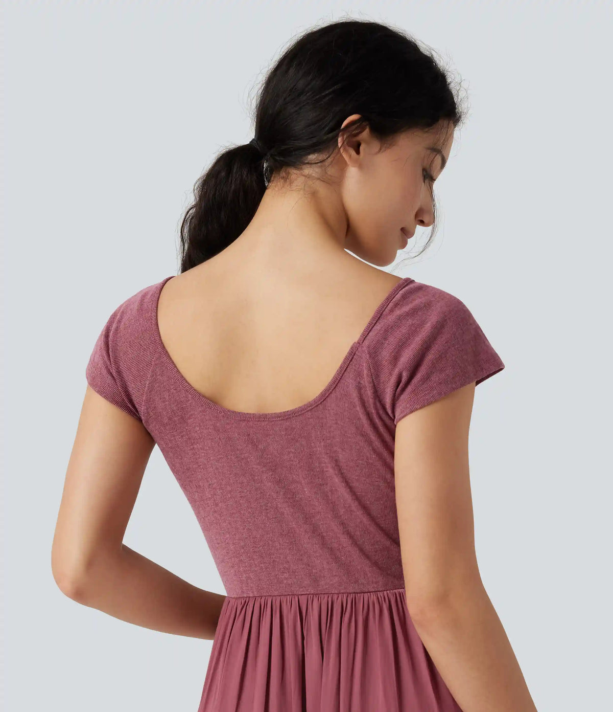 U Neck Short Sleeve Flowy Maxi Casual Dress