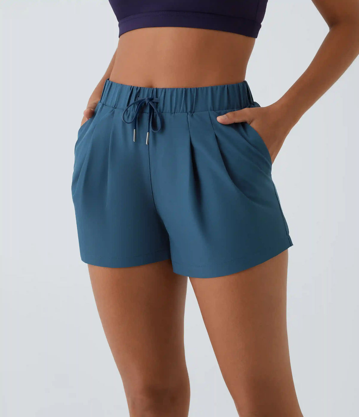 High Waisted Elastic Waistband Drawstring Pleated Yoga Shorts 3" with Pockets