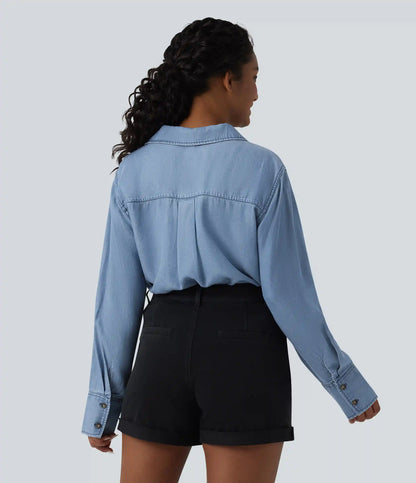 V Neck Long Sleeve Denim Casual Blouse