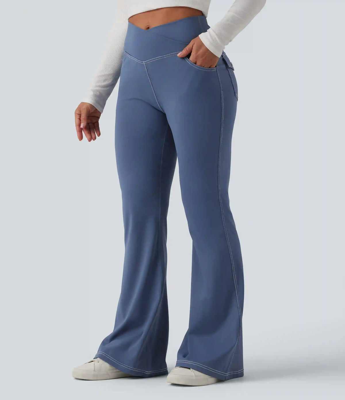 Mid Rise Crossover Super Flare Casual Leggings with Pockets