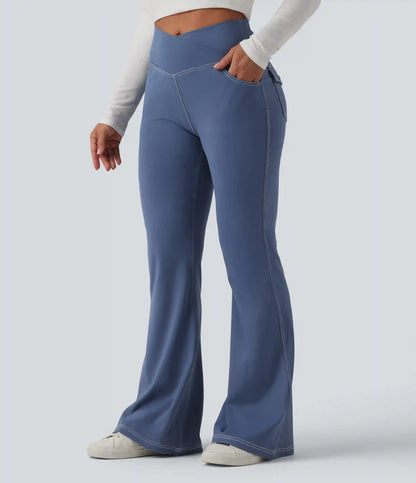 Mid Rise Crossover Super Flare Casual Leggings with Pockets
