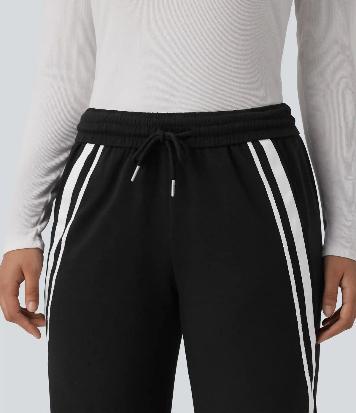 Mid Rise Inner Drawstring Wide Leg Color Block Casual Sweatpants with Pockets