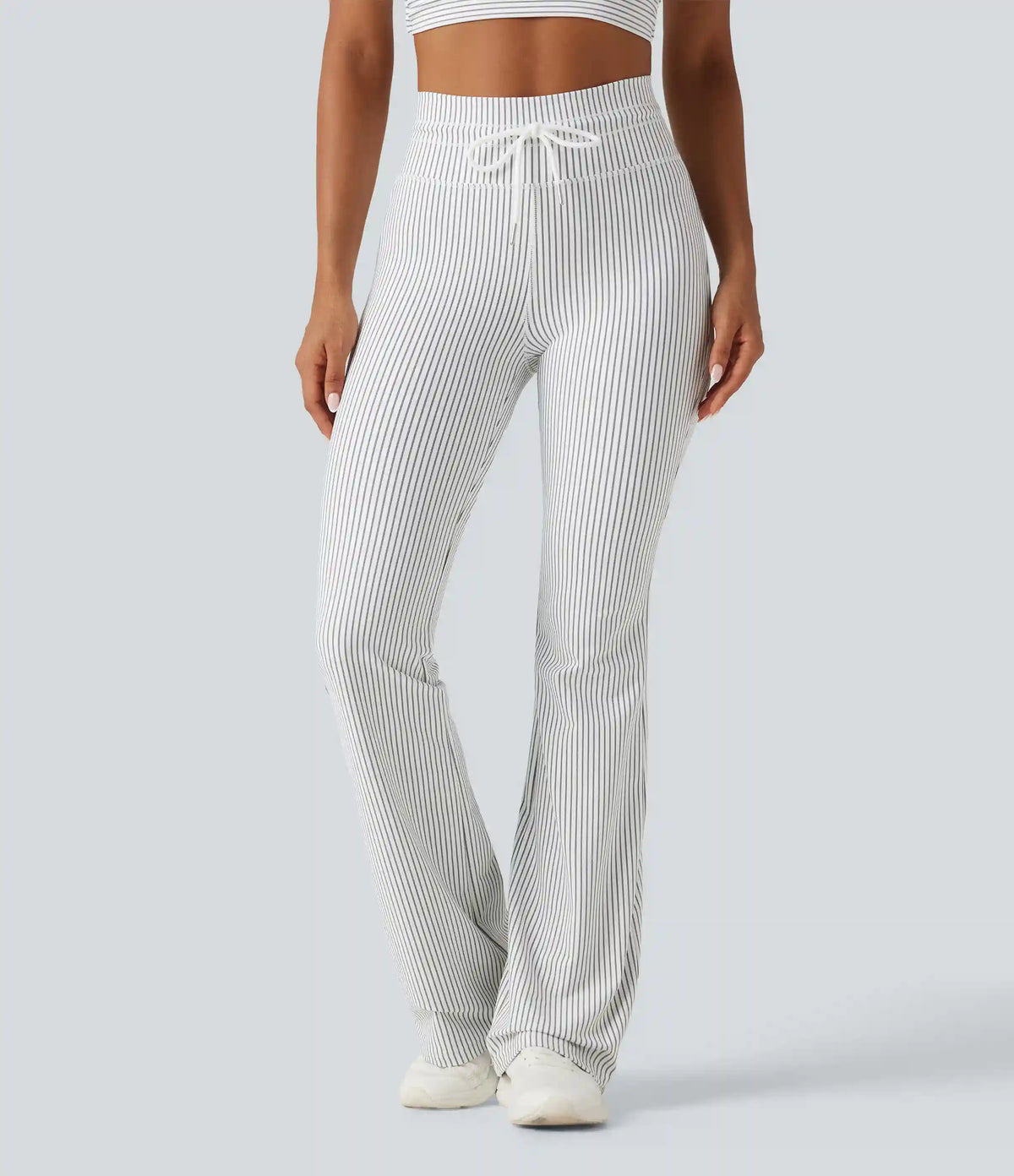 High Waisted Drawstring Stripe Flare Yoga Pants with Pockets