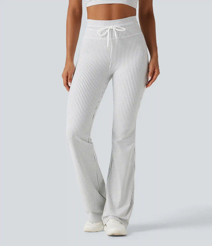 High Waisted Drawstring Stripe Flare Yoga Pants with Pockets