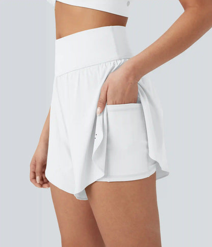 SoftlyZero™ QuickDry High Waisted Tummy Control Reflective Dots Crossover Hem 2-in-1 Running Shorts 5'' with Pockets