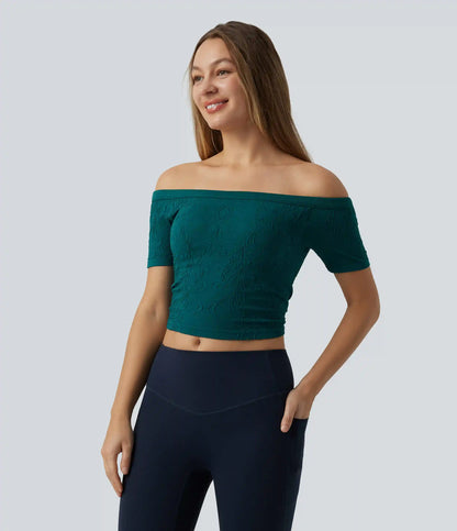 OneForm Seamless Flow Off Shoulder Short Sleeve Built-in Bra Cropped Yoga Sports Top