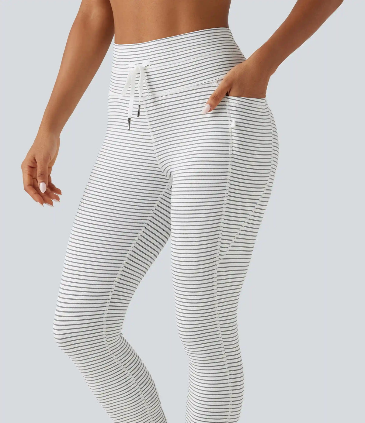 High Waisted Butt Lifting Drawstring Stripe Yoga Leggings with Pockets