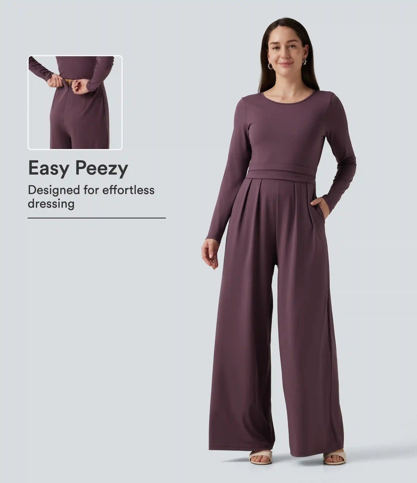 Round Neck Long Sleeve Wide Leg Casual Jumpsuit with Pockets-Easy Peezy Edition