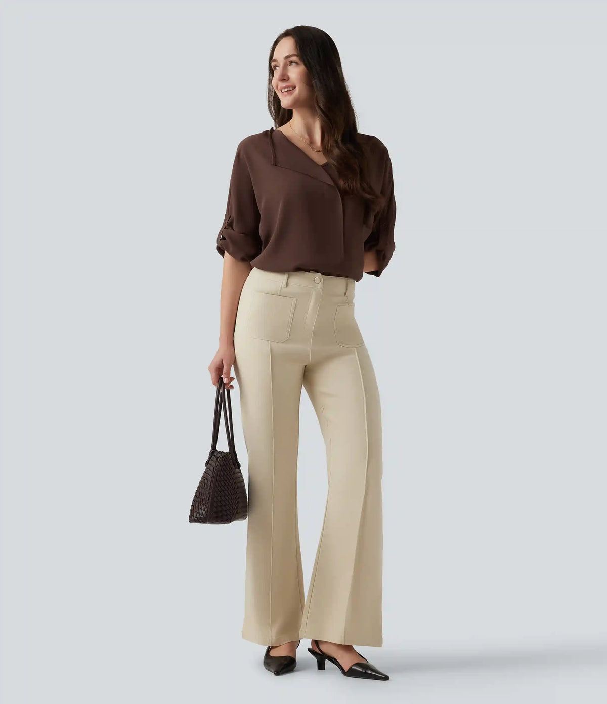 V Neck Long Sleeve Asymmetric Relaxed Work Blouse