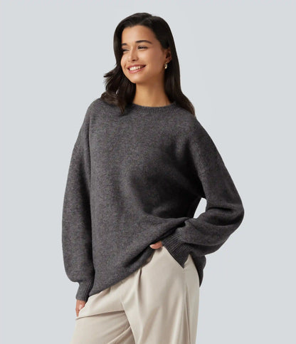 Round Neck Dropped Long Sleeve Work Wool-Blend Sweater
