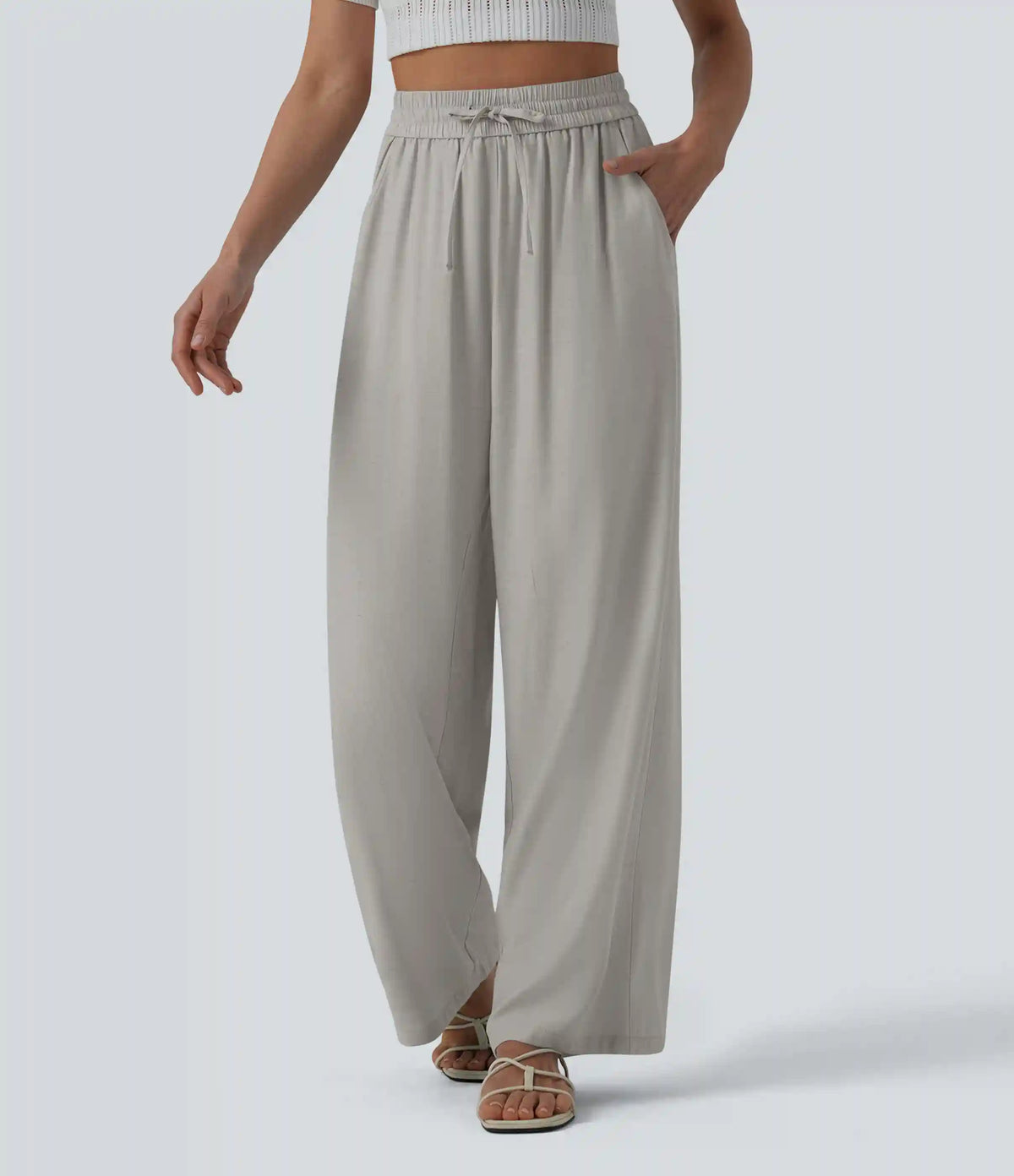 High Waisted Drawstring Wide Leg Casual Linen-Blend Pants with Pockets