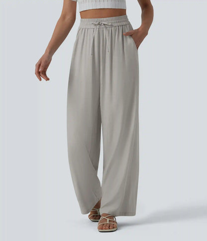 High Waisted Drawstring Wide Leg Casual Linen-Blend Pants with Pockets