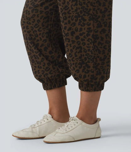 High Waisted Leopard Print Casual Cropped Baggy Joggers with Pockets